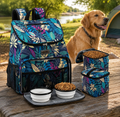 Floral-patterned backpack with pet food bowls and treats on a wooden surface outdoors. | Pet Grooming | Pet Supplies and Food Australia | Pet Supplies Sydney | PetNexa Australia | Shop now