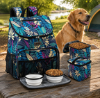 Floral-patterned backpack with pet food bowls and treats on a wooden surface outdoors. | Pet Grooming | Pet Supplies and Food Australia | Pet Supplies Sydney | PetNexa Australia | Shop now