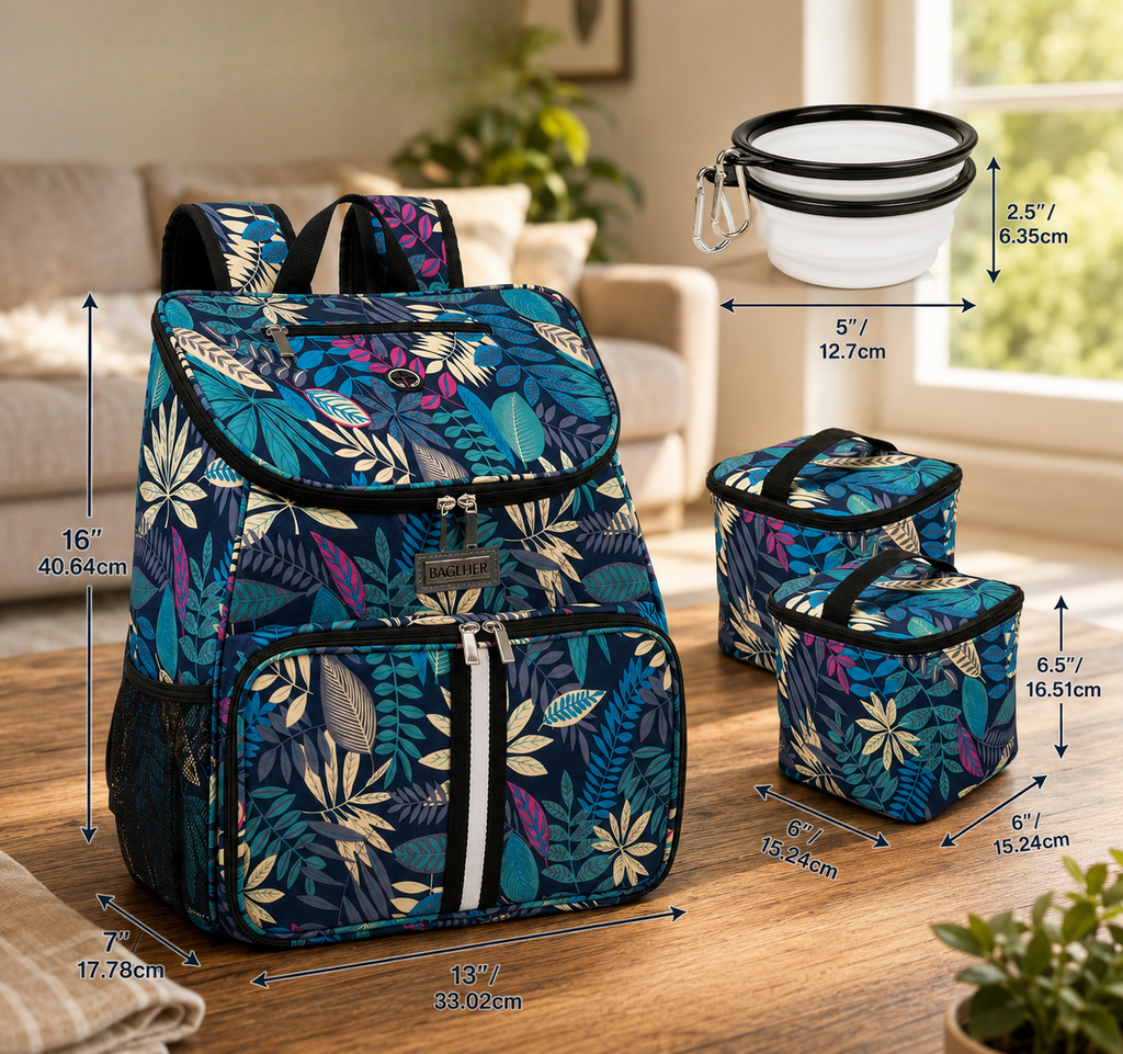 Floral-patterned backpack with three matching bags on a wooden floor, with measurements indicated. | Pet Grooming | Pet Supplies and Food Australia | Pet Supplies Sydney | PetNexa Australia | Shop now
