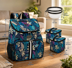 Floral-patterned backpack with three matching bags on a wooden floor, with measurements indicated. | Pet Grooming | Pet Supplies and Food Australia | Pet Supplies Sydney | PetNexa Australia | Shop now
