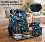 Floral-patterned pet backpack with accessories on a wooden surface, labeled features. | Pet Grooming | Pet Supplies and Food Australia | Pet Supplies Sydney | PetNexa Australia | Shop now