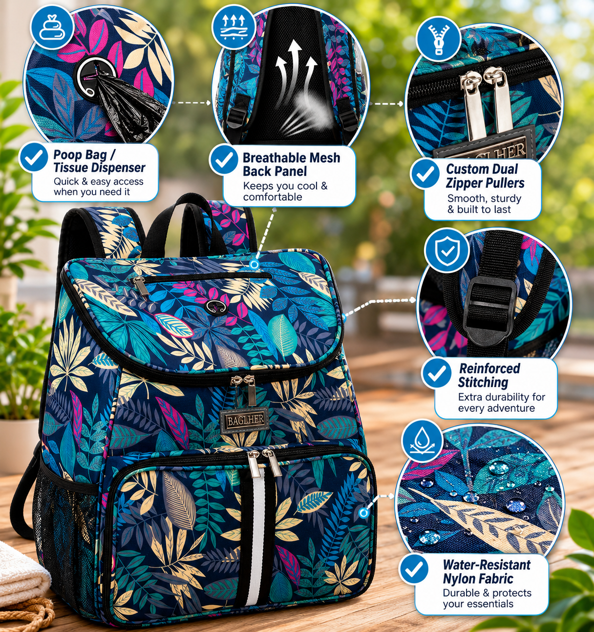 Floral-patterned backpack with feature highlights on a blurred natural background | Pet Grooming | Pet Supplies and Food Australia | Pet Supplies Sydney | PetNexa Australia | Shop now
