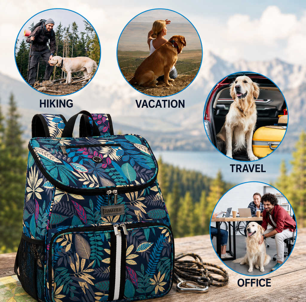 Dog travel backpack with blue tropical leaf print, shown in outdoor lifestyle settings for hiking, vacation, travel, and office use, featuring spacious compartments and pet travel storage accessories. | Pet Grooming | Pet Supplies and Food Australia | Pet Supplies Sydney | PetNexa Australia | Shop now