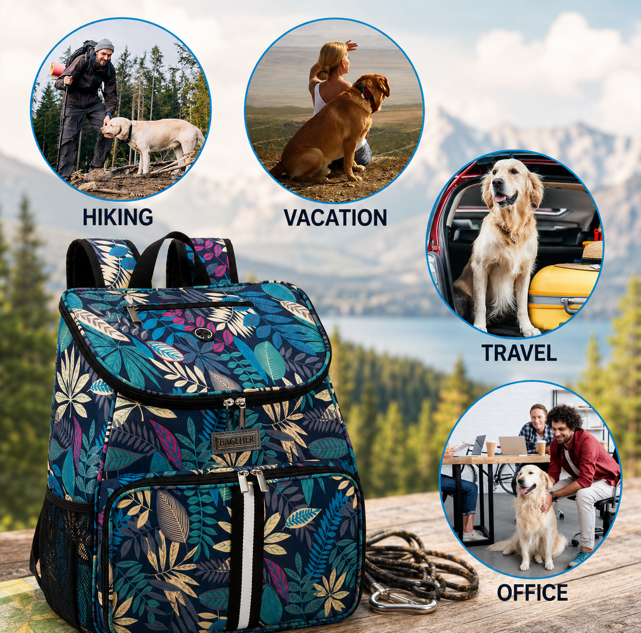 Dog travel backpack with blue tropical leaf print, shown in outdoor lifestyle settings for hiking, vacation, travel, and office use, featuring spacious compartments and pet travel storage accessories. | Pet Grooming | Pet Supplies and Food Australia | Pet Supplies Sydney | PetNexa Australia | Shop now