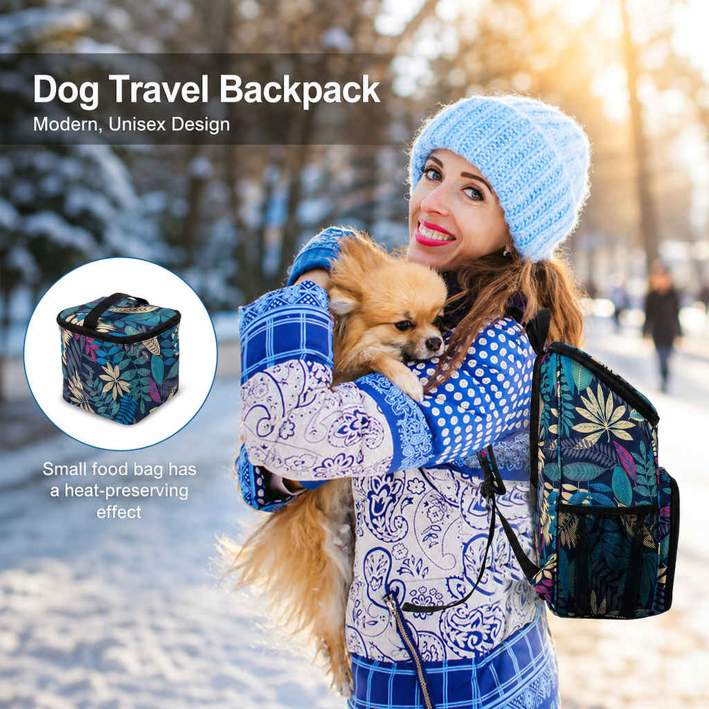 Woman carrying a blue tropical print dog travel backpack while holding a small dog in a snowy outdoor setting, featuring an insulated food storage bag and stylish pet travel design. | Pet Grooming | Pet Supplies and Food Australia | Pet Supplies Sydney | PetNexa Australia | Shop now