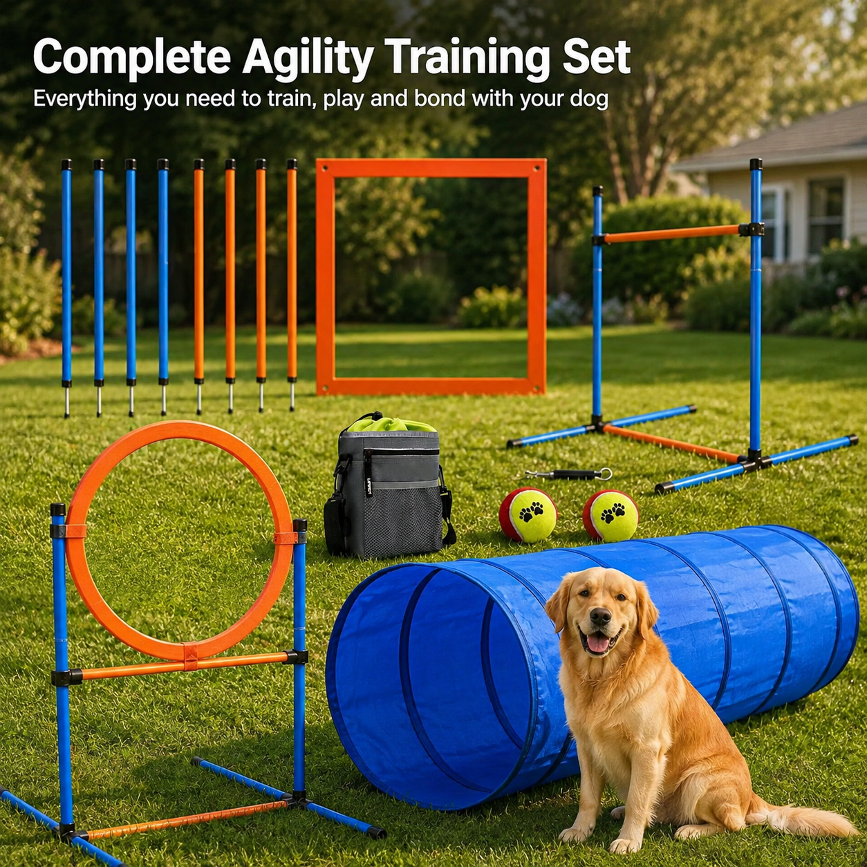Dog agility training set with obstacles and a dog sitting on grass | Pet Grooming | Pet Supplies and Food Australia | Pet Supplies Sydney | PetNexa Australia | Shop now