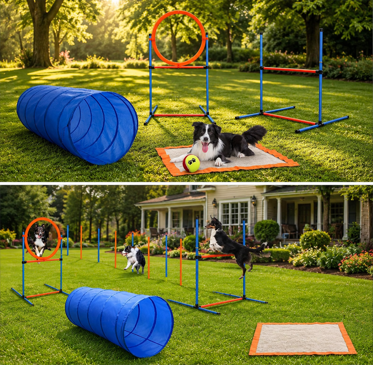 Dog agility course with tunnels, hoops, and jumps in a grassy outdoor setting. | Pet Grooming | Pet Supplies and Food Australia | Pet Supplies Sydney | PetNexa Australia | Shop now