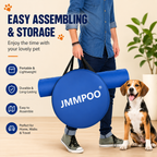 Person holding a blue JMMPOO pet product with a dog sitting next to them, featuring text about easy assembly and storage. | Pet Grooming | Pet Supplies and Food Australia | Pet Supplies Sydney | PetNexa Australia | Shop now