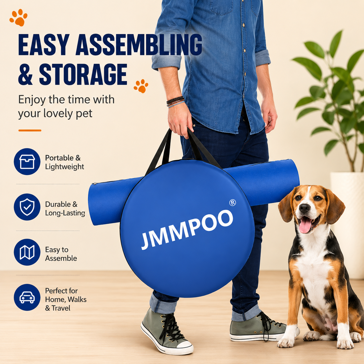 Person holding a blue JMMPOO pet product with a dog sitting next to them, featuring text about easy assembly and storage. | Pet Grooming | Pet Supplies and Food Australia | Pet Supplies Sydney | PetNexa Australia | Shop now