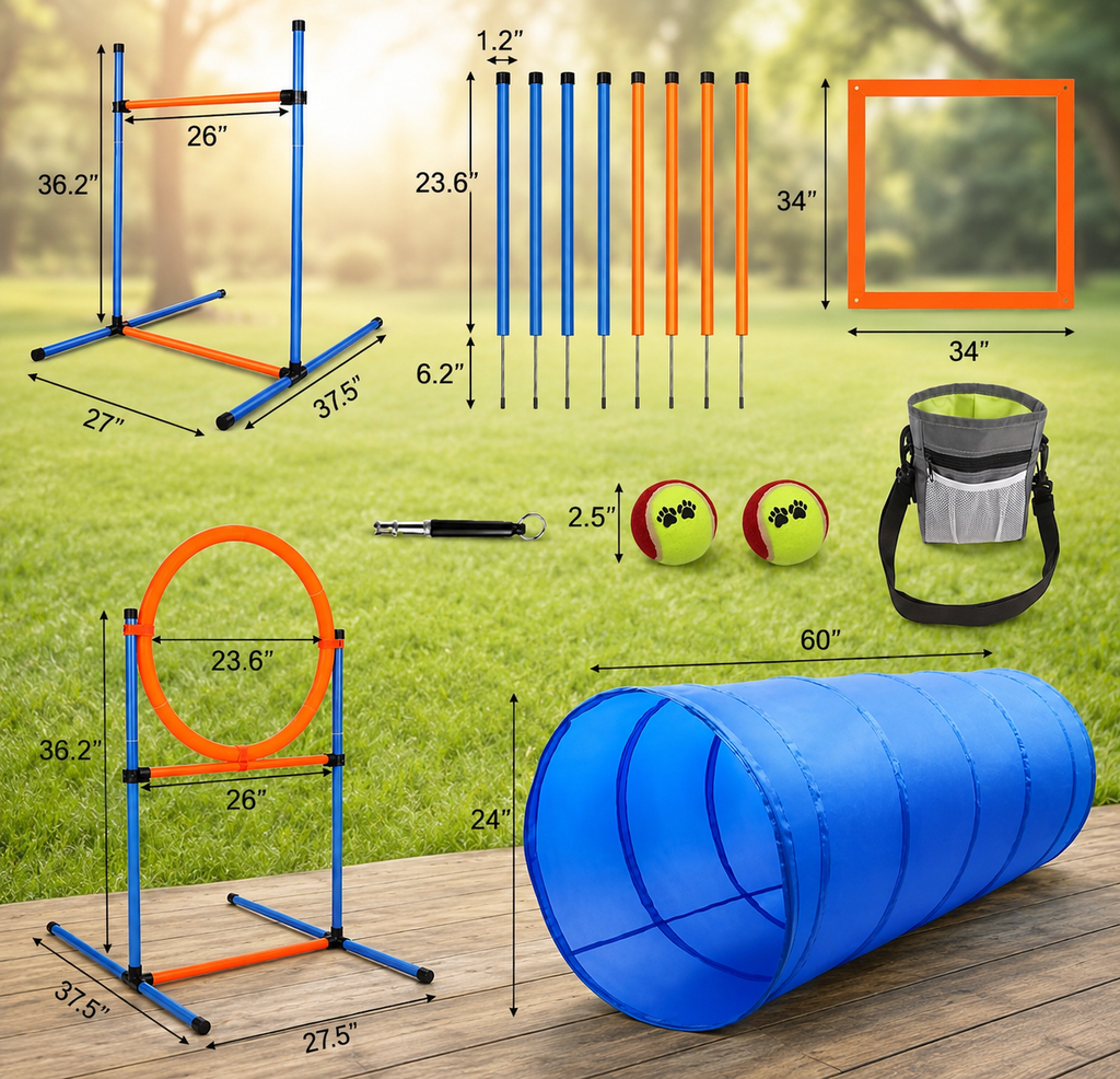 Dog agility training kit dimensions and accessories chart featuring an adjustable jump hurdle, jump ring, tunnel, weave poles, pause box, tennis balls, toy launcher, and portable carry bag for indoor and outdoor pet exercise. | Pet Grooming | Pet Supplies and Food Australia | Pet Supplies Sydney | PetNexa Australia | Shop now
