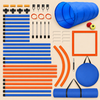 dog agility training kit components laid out on a beige background, including a tunnel, jump ring, hurdle bars, weave poles, pause box, tennis balls, connectors, ground stakes, launcher, and portable carrying bags for indoor and outdoor pet exercise. | Pet Grooming | Pet Supplies and Food Australia | Pet Supplies Sydney | PetNexa Australia | Shop now