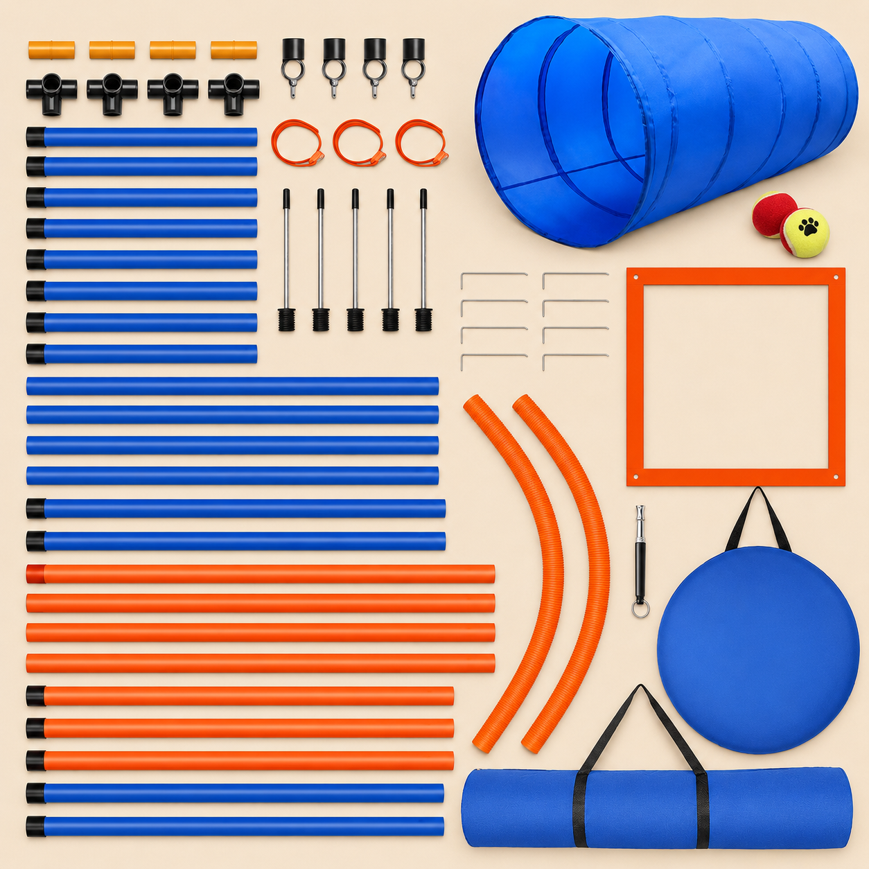 dog agility training kit components laid out on a beige background, including a tunnel, jump ring, hurdle bars, weave poles, pause box, tennis balls, connectors, ground stakes, launcher, and portable carrying bags for indoor and outdoor pet exercise. | Pet Grooming | Pet Supplies and Food Australia | Pet Supplies Sydney | PetNexa Australia | Shop now