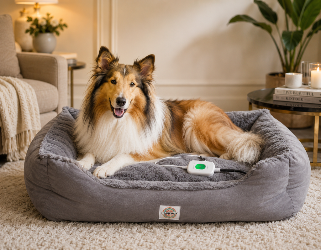 A fluffy golden and white collie dog lies comfortably inside a plush gray heated pet bed on a beige carpeted floor in a cozy living room setting. A small white controller with a green button rests on the bed.