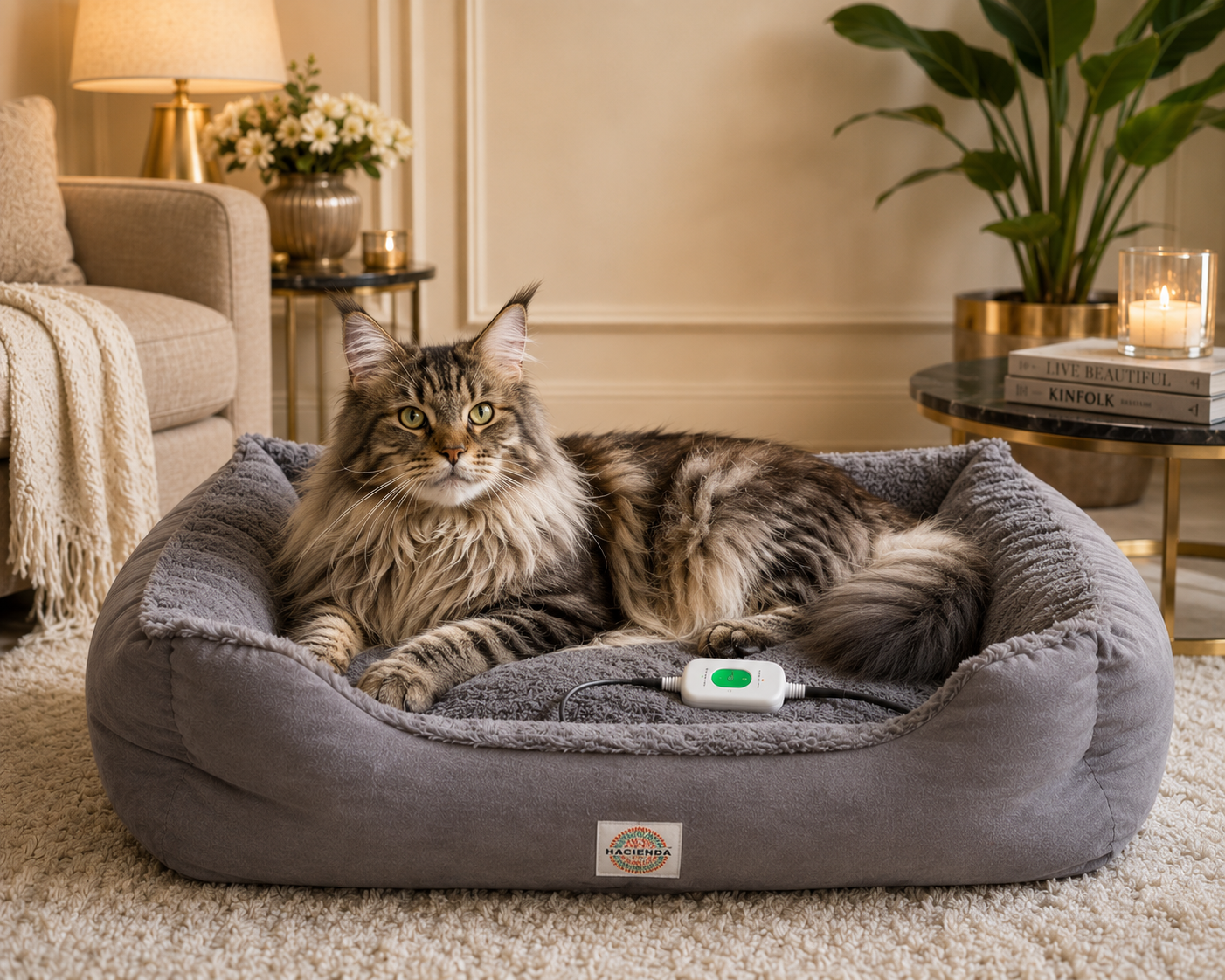 A long-haired gray tabby cat lies in a plush gray heated pet bed on a beige carpet in a cozy living room. A small white remote with a green button rests on the bed, and a brand label is visible on the front.