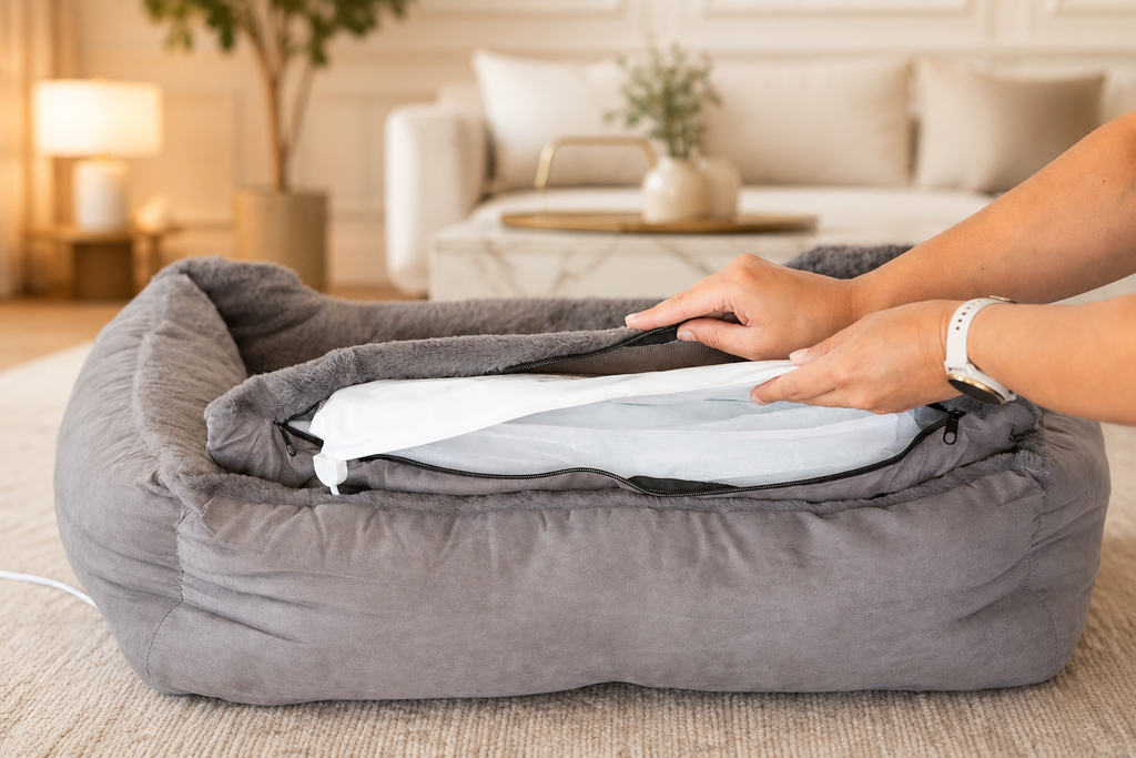 A gray plush pet bed with a raised cushion, shown in a living room setting with a person's hands lifting the top cushion to reveal a light blue interior pad.