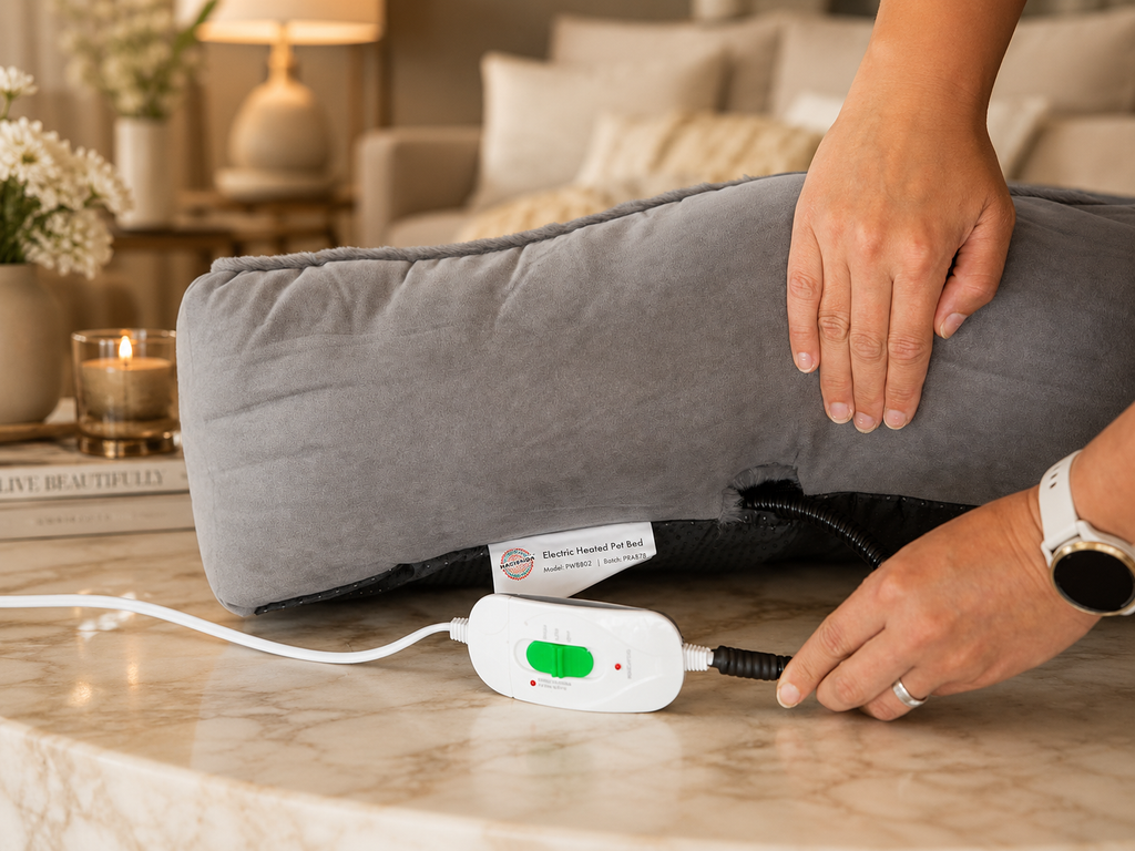 A gray heated support pillow shown on a marble tabletop with a person's hands adjusting the white power controller and pressing the pillow. The background shows a softly blurred living room interior.