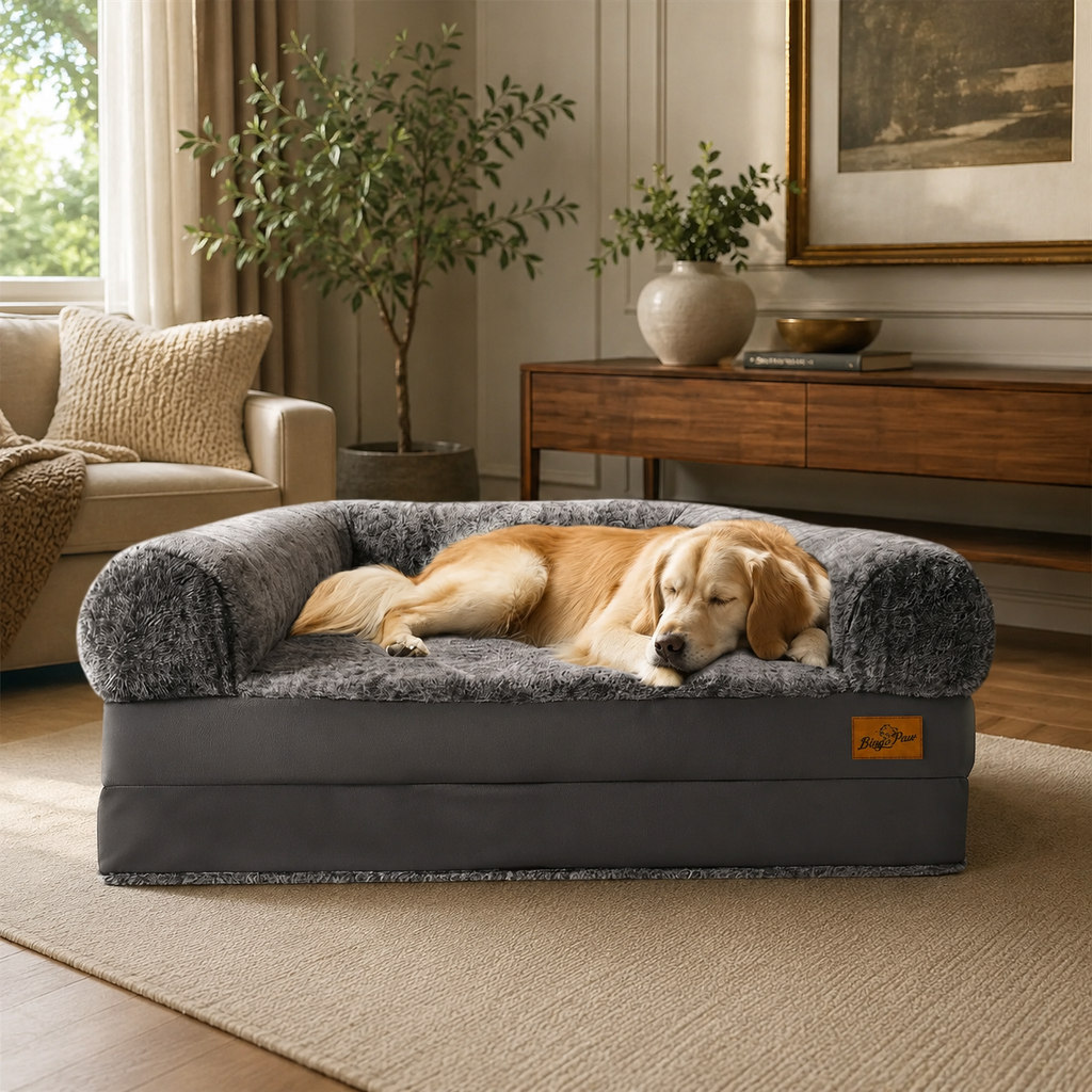 A golden retriever dog rests comfortably inside a plush, high-cushioned pet bed with a dark gray body and a textured gray sherpa-like top, set in a cozy, well-lit living room.