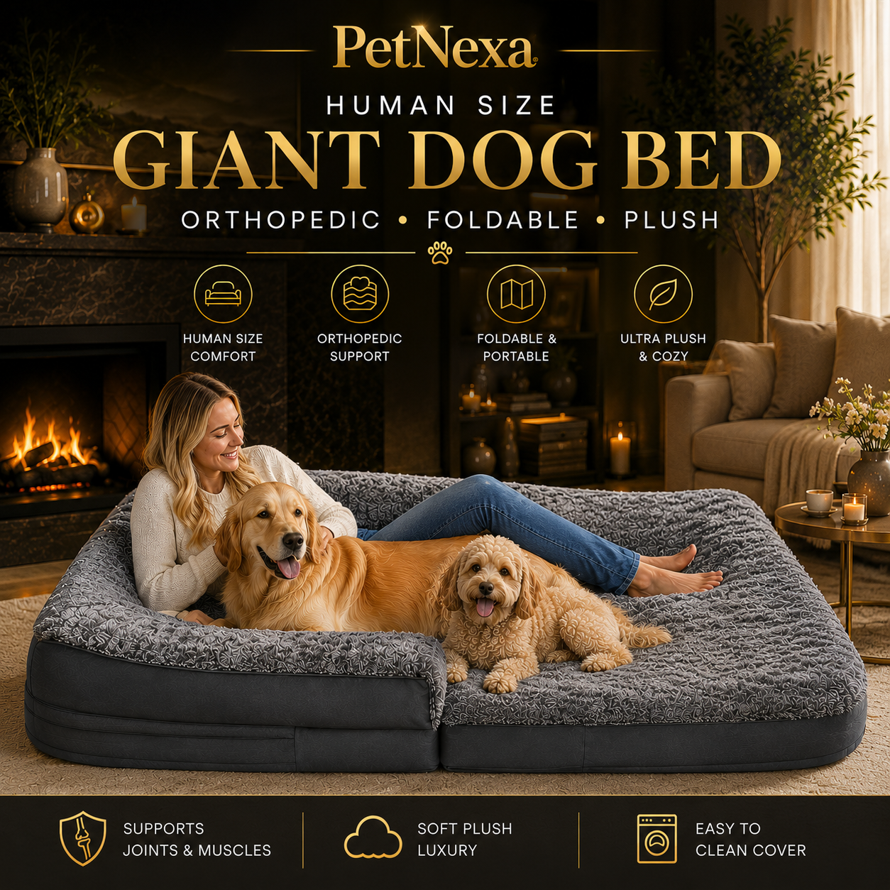 Human Size Giant Dog Bed | Orthopedic Foldable Plush Pet Bed