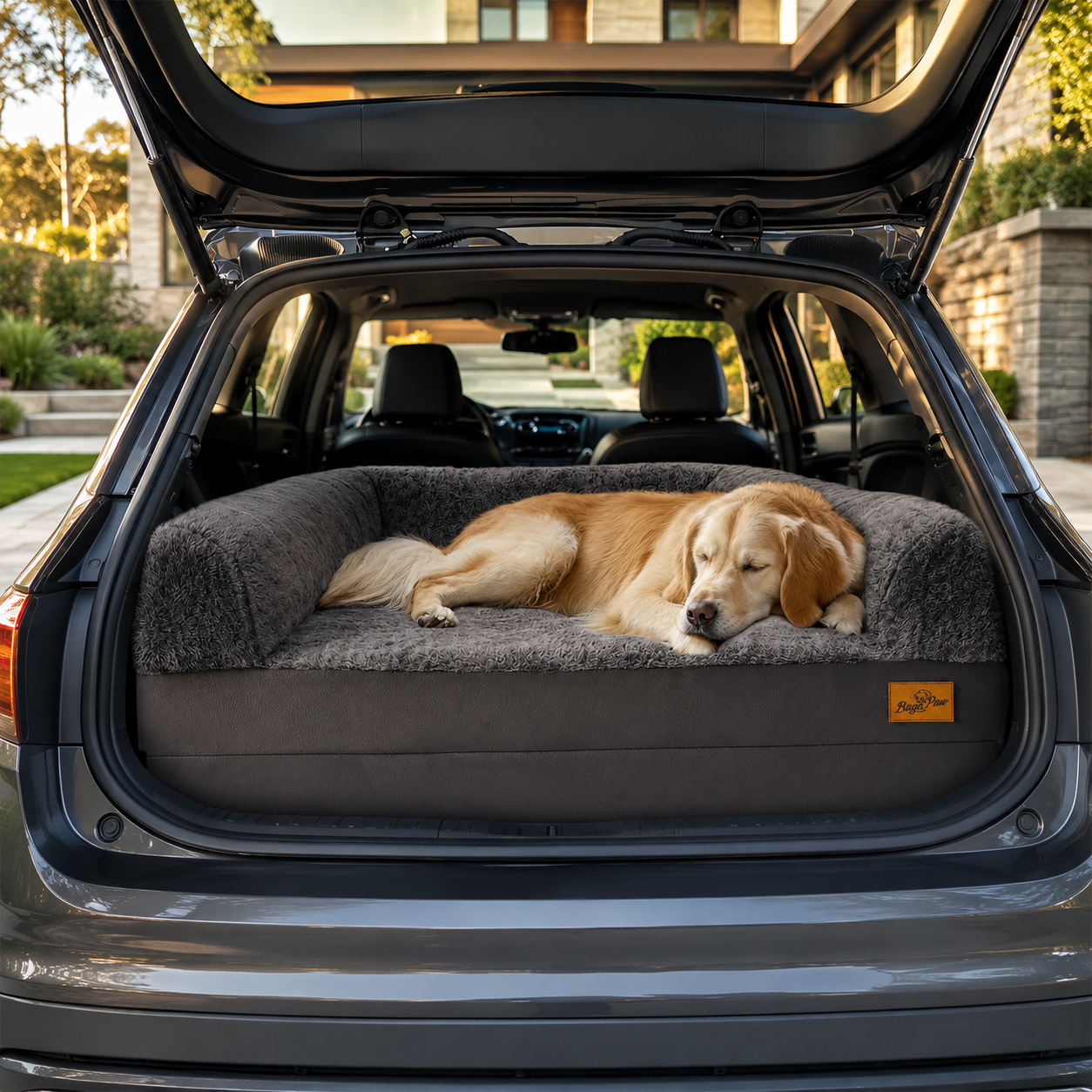 A golden retriever dog rests on a plush gray pet bed placed inside the open trunk of a dark gray SUV, with a suburban house visible in the background.