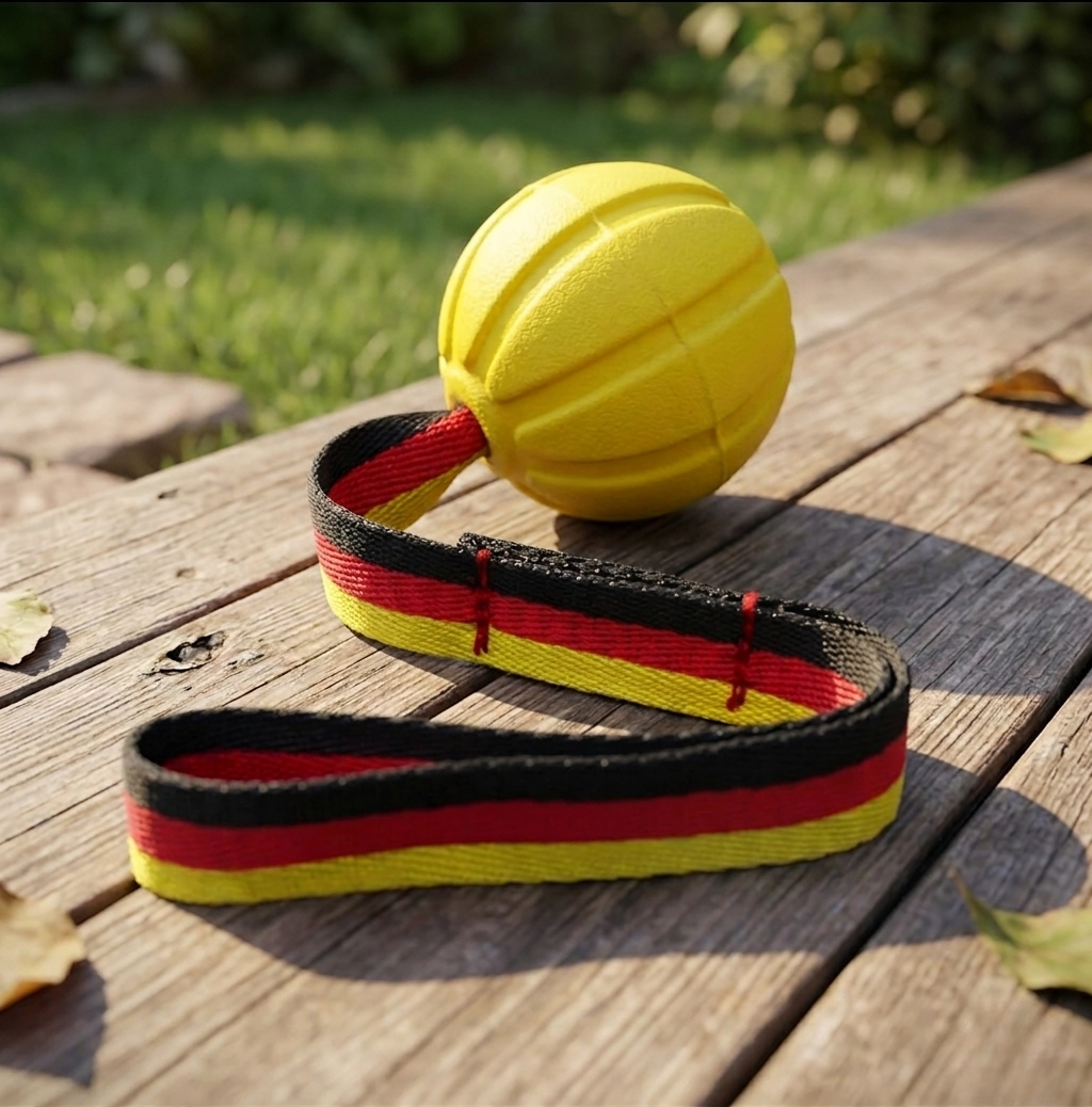 Yellow textured rubber dog training ball with a black, red, and yellow striped nylon strap on a wooden deck. | Pet Grooming | Pet Supplies and Food Australia | Pet Supplies Sydney | PetNexa Australia | Shop now