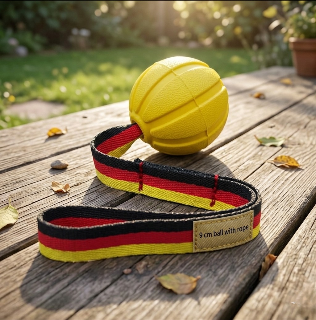 Yellow 9cm textured rubber dog training ball with a black, red, and yellow striped nylon strap. | Pet Grooming | Pet Supplies and Food Australia | Pet Supplies Sydney | PetNexa Australia | Shop now