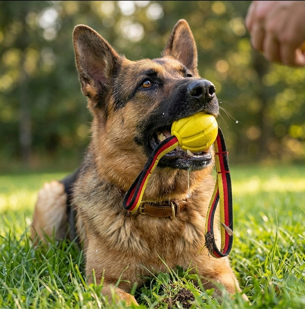 German Shepherd dog with a yellow ball in its mouth on grass. | Pet Grooming | Pet Supplies and Food Australia | Pet Supplies Sydney | PetNexa Australia | Shop now