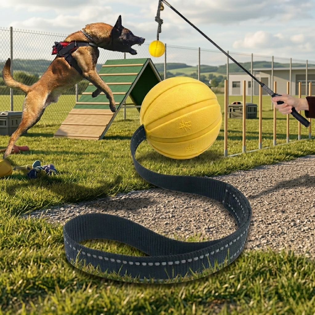 Dog playing with a yellow ball on a grassy field with a leash on the ground. | Pet Grooming | Pet Supplies and Food Australia | Pet Supplies Sydney | PetNexa Australia | Shop now
