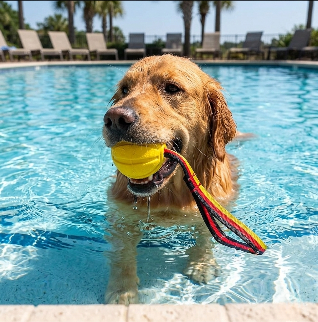 Dog in a pool with a yellow ball and red and black toy in its mouth | Pet Grooming | Pet Supplies and Food Australia | Pet Supplies Sydney | PetNexa Australia | Shop now