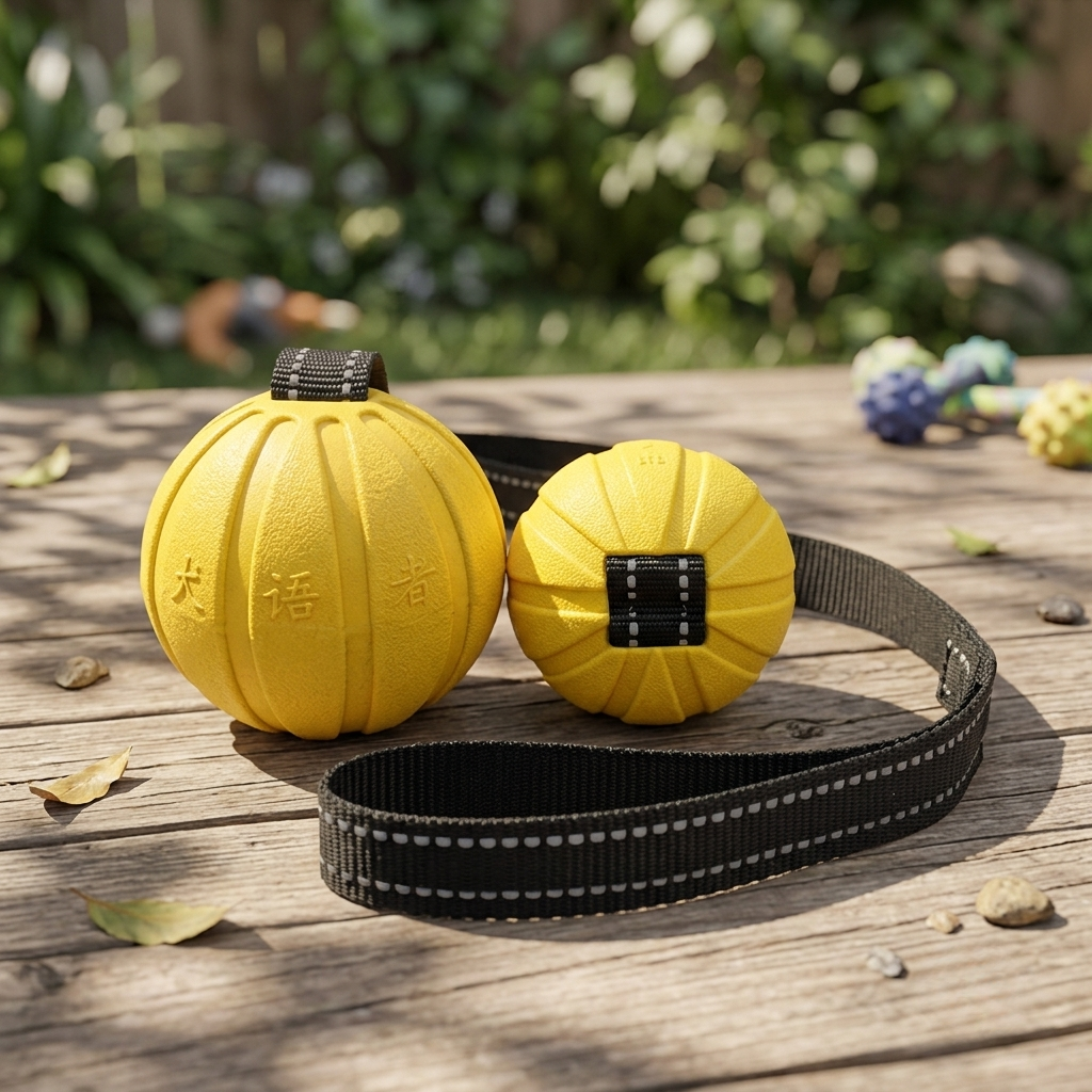 Two yellow dog toys with a black leash on a wooden surface outdoors. | Pet Grooming | Pet Supplies and Food Australia | Pet Supplies Sydney | PetNexa Australia | Shop now