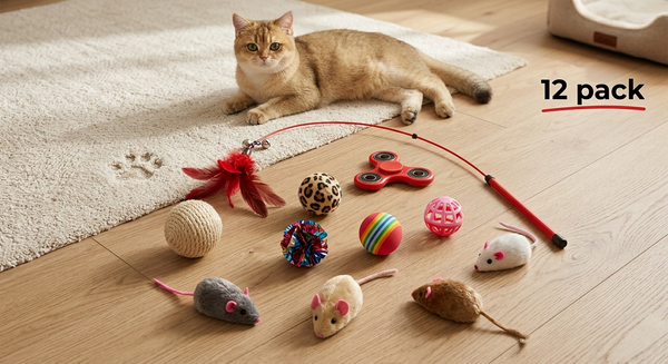 12-pack cat toy assortment featuring a red feather teaser wand, a fidget spinner, assorted play balls, and four plush mice on a wooden floor with a cat. | Pet Grooming | Pet Supplies and Food Australia | Pet Supplies Sydney | PetNexa Australia | Shop now