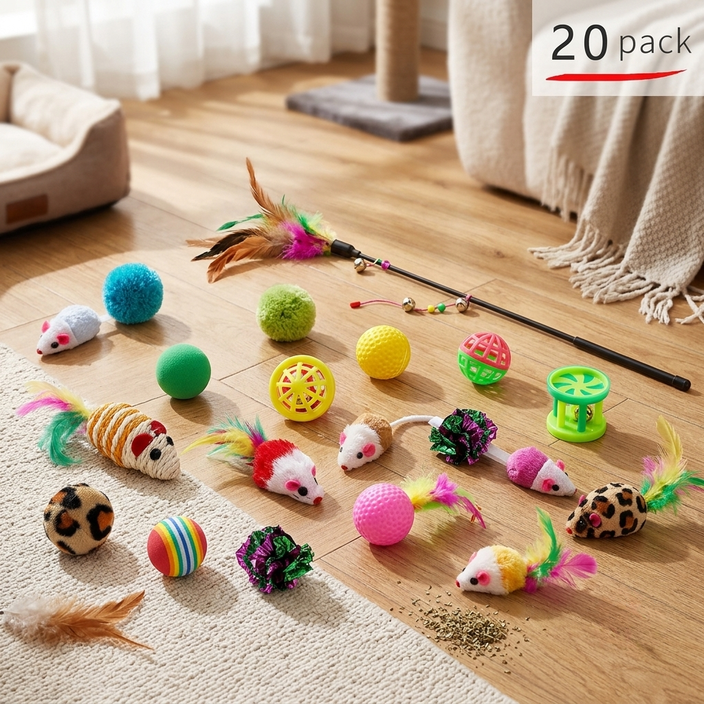 20-pack variety set of indoor cat toys featuring a feather wand teaser, plush mice, and various colorful play balls arranged on a floor. | Pet Grooming | Pet Supplies and Food Australia | Pet Supplies Sydney | PetNexa Australia | Shop now