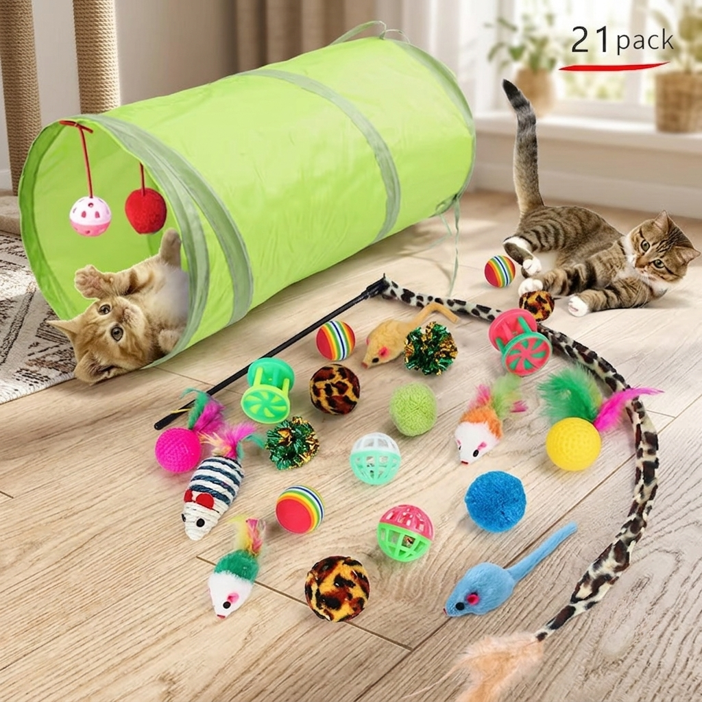 Complete 21-pack variety cat toy set with a large green tunnel, interactive teaser wand, and numerous balls and toy mice on a floor with two playful cats. | Pet Grooming | Pet Supplies and Food Australia | Pet Supplies Sydney | PetNexa Australia | Shop now