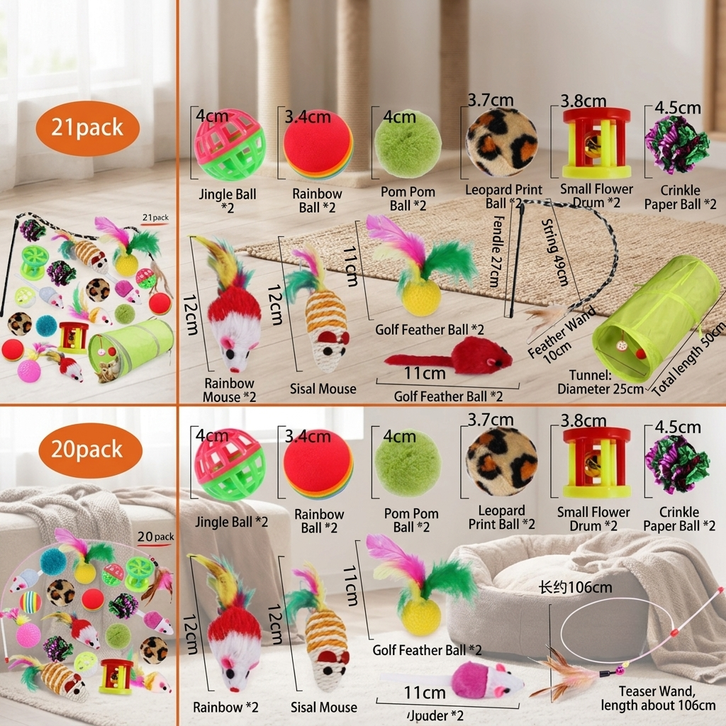 Product size guide infographic for a 21-piece and 20-piece cat toy variety pack, showing exact measurements in centimeters for the interactive balls, feather mice, play tunnel, and cat teaser wands. | Pet Grooming | Pet Supplies and Food Australia | Pet Supplies Sydney | PetNexa Australia | Shop now