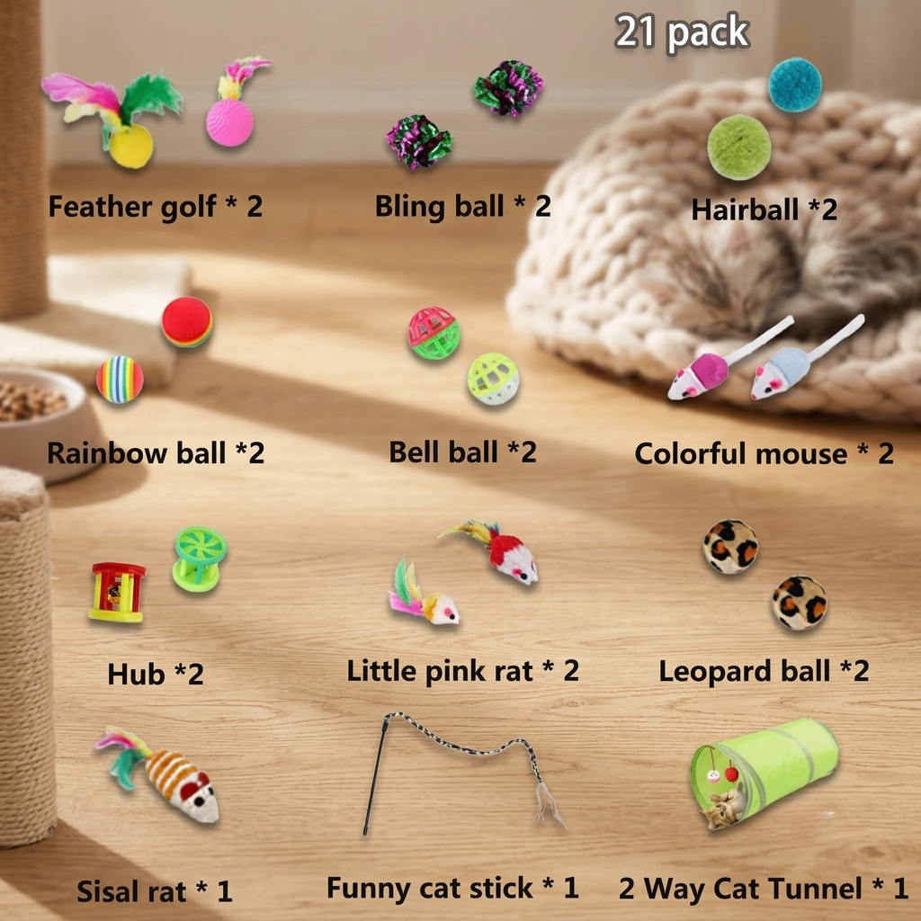 Complete 21-pack cat toy set with an assortment of interactive balls, plush mice, a teaser wand stick, and a collapsible play tunnel for indoor cats. | Pet Grooming | Pet Supplies and Food Australia | Pet Supplies Sydney | PetNexa Australia | Shop now