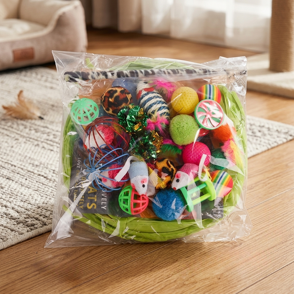 Assorted cat toys combination set inside a transparent packaging bag with a green tunnel, plush mice, and play balls for indoor cats. | Pet Grooming | Pet Supplies and Food Australia | Pet Supplies Sydney | PetNexa Australia | Shop now