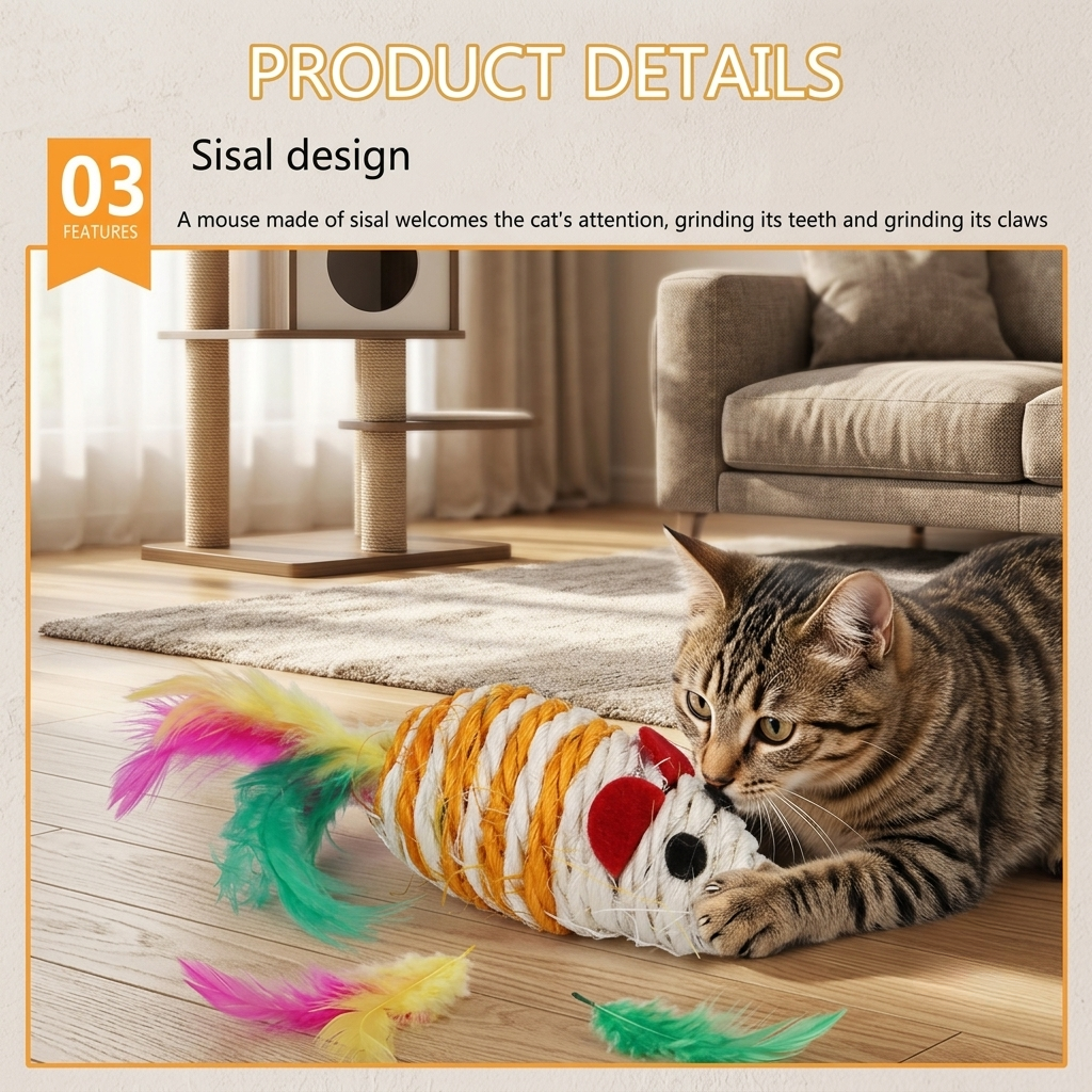 Sisal mouse cat toy with colorful feathers being played with by a tabby cat on a wooden floor in a cozy living room setting. | Pet Grooming | Pet Supplies and Food Australia | Pet Supplies Sydney | PetNexa Australia | Shop now