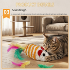 Sisal mouse cat toy with colorful feathers being played with by a tabby cat on a wooden floor in a cozy living room setting. | Pet Grooming | Pet Supplies and Food Australia | Pet Supplies Sydney | PetNexa Australia | Shop now