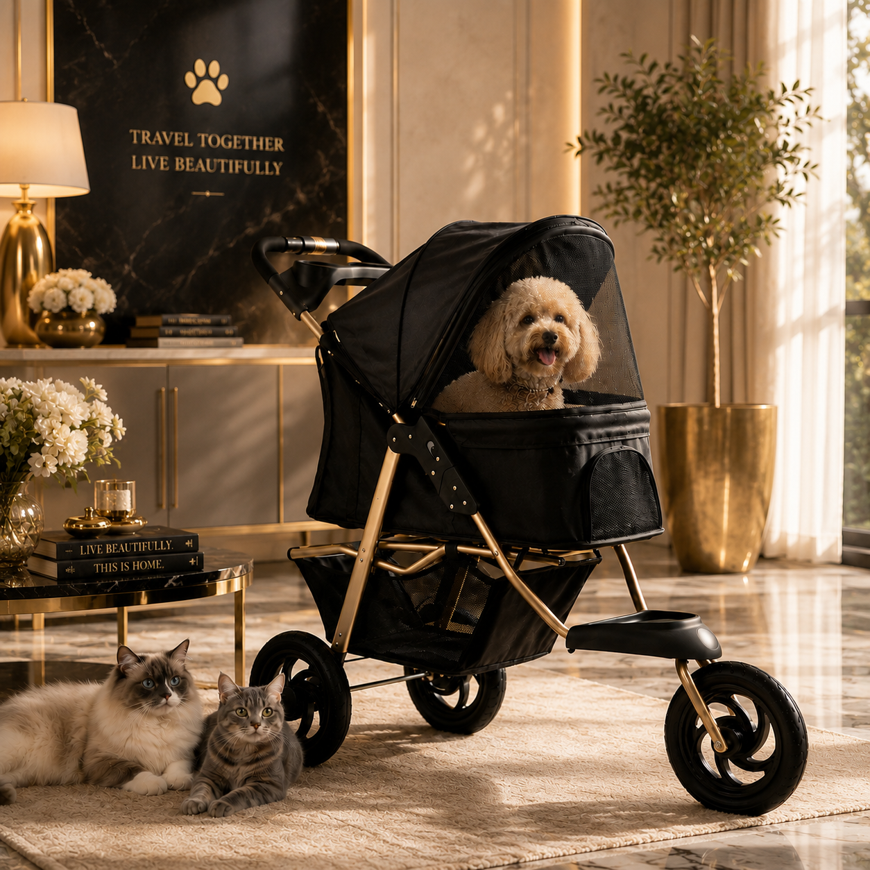 A black pet stroller with gold-tone frame and mesh canopy, shown in a luxurious interior setting with a small white dog sitting inside and two cats resting on the rug nearby.