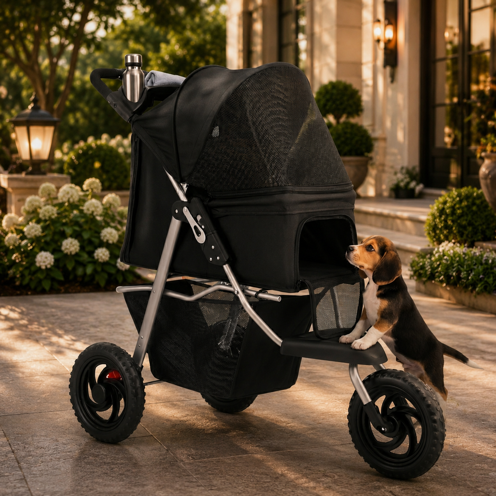 A black pet stroller with a small dog sitting on the footrest, parked outdoors on a stone walkway in front of a building with plants and warm evening lighting.