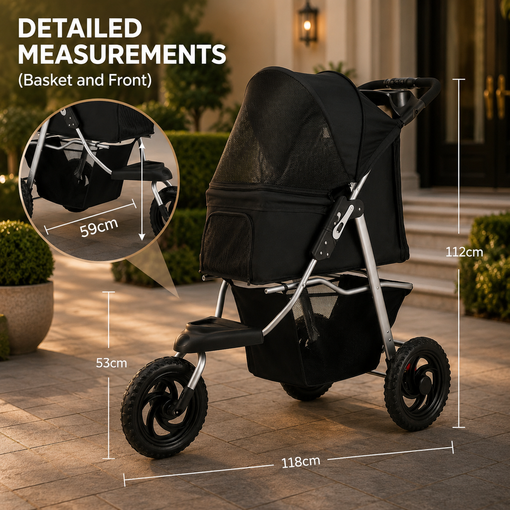 Black stroller with silver frame on a stone patio, overlaid with dimension lines showing basket and front measurements, plus a circular inset detail callout reading 59cm.