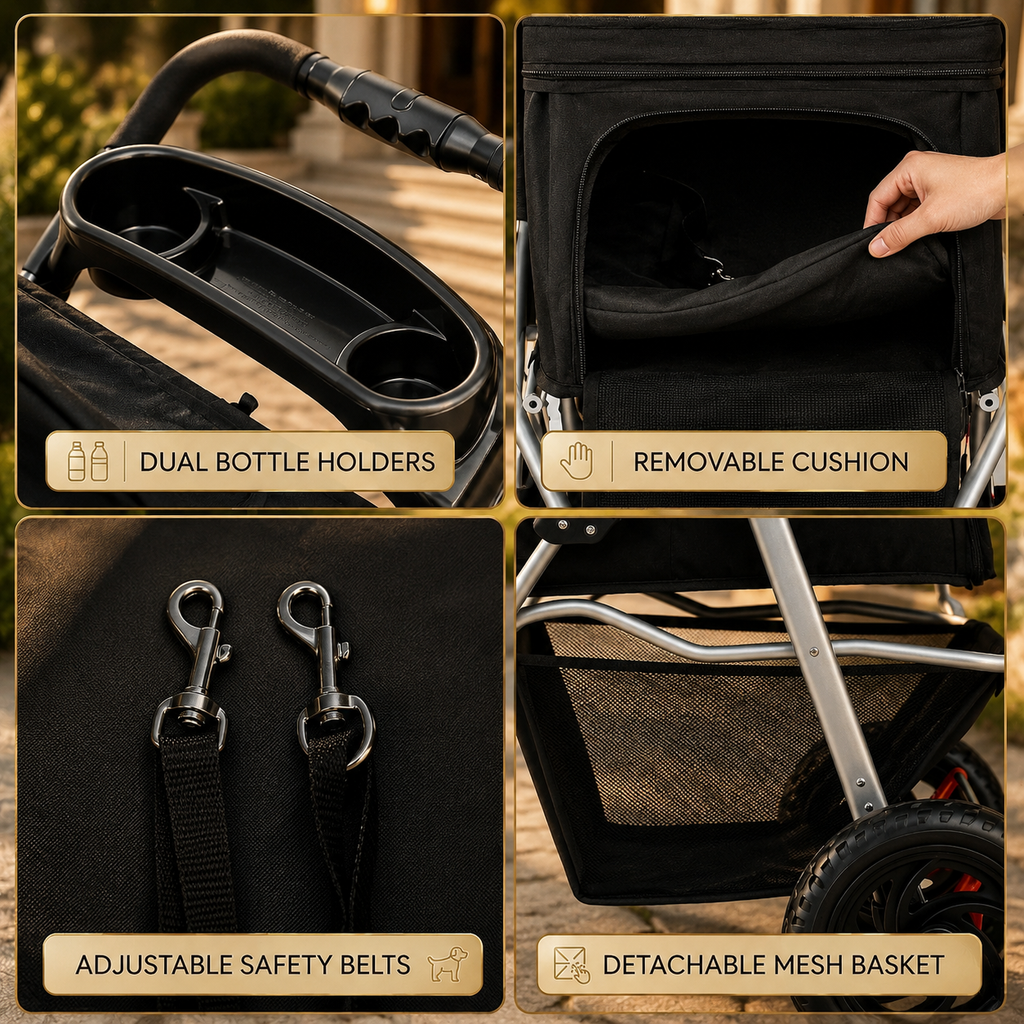 Four-panel product feature collage showing a black pet stroller or carrier with labeled details: dual bottle holders, a removable cushion being pulled open by a hand, adjustable safety belts with clips, and a detachable mesh basket.