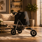 A black stroller with a silver frame and black wheels, positioned on a beige rug in a modern, warm-toned living room with a sofa, shelves, and a potted tree in the background.
