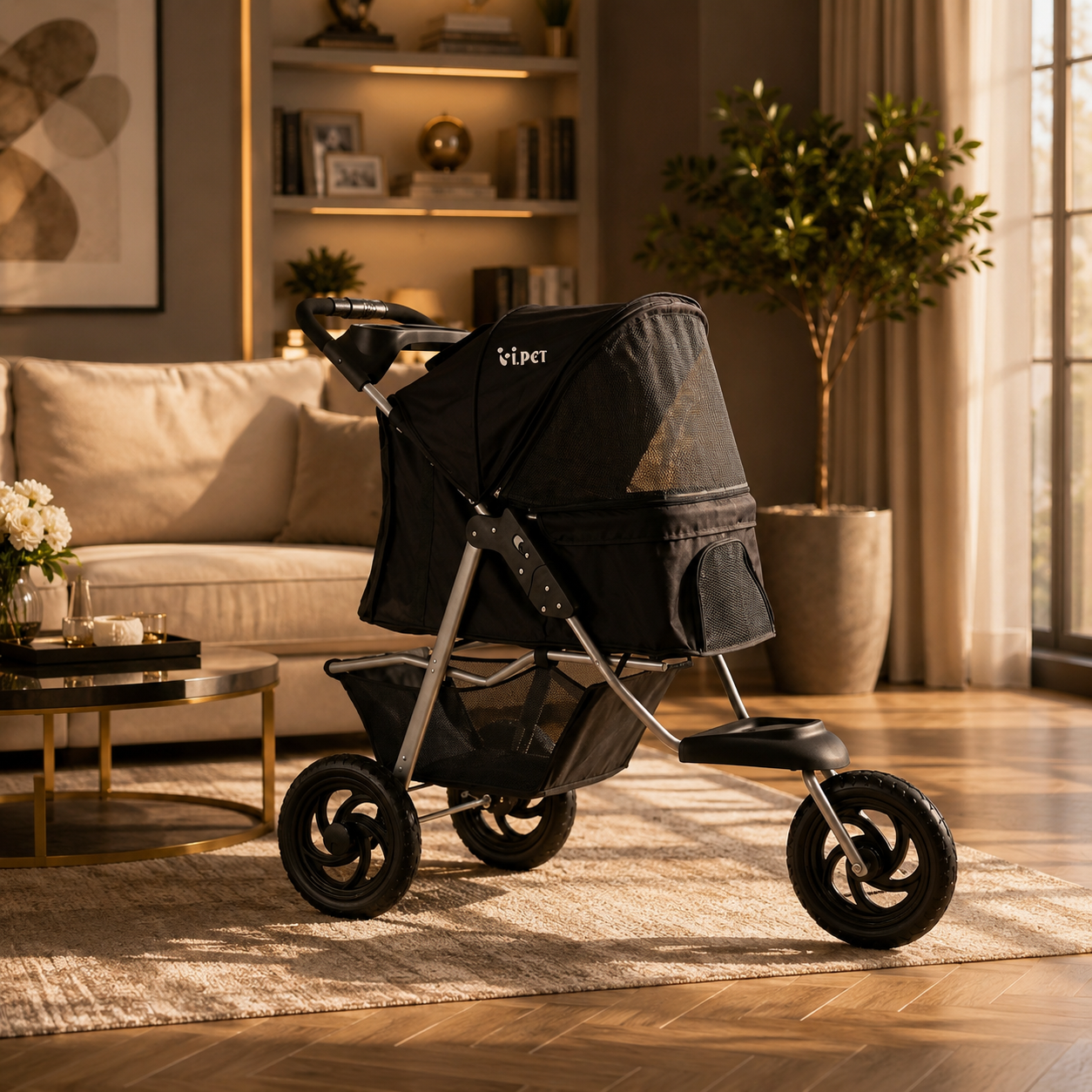 A black stroller with a silver frame and black wheels, positioned on a beige rug in a modern, warm-toned living room with a sofa, shelves, and a potted tree in the background.