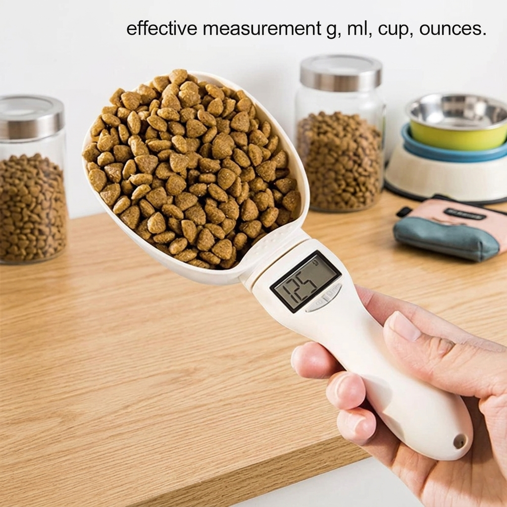 Digital pet food measuring scoop with a digital display held by a hand, surrounded by pet food containers on a wooden surface. | Pet Grooming | Pet Supplies and Food Australia | Pet Supplies Sydney | PetNexa Australia | Shop now