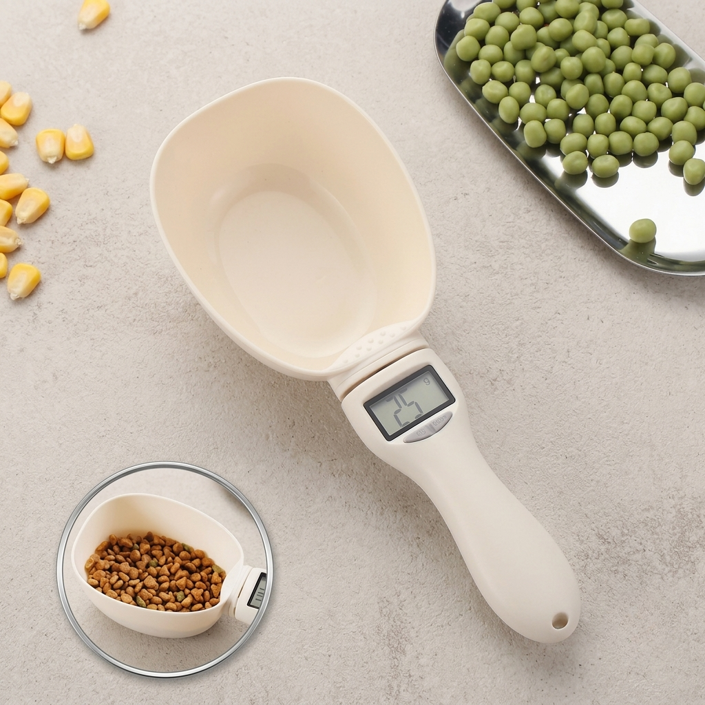 Digital measuring cup with a digital display on a light surface with food items. | Pet Grooming | Pet Supplies and Food Australia | Pet Supplies Sydney | PetNexa Australia | Shop now