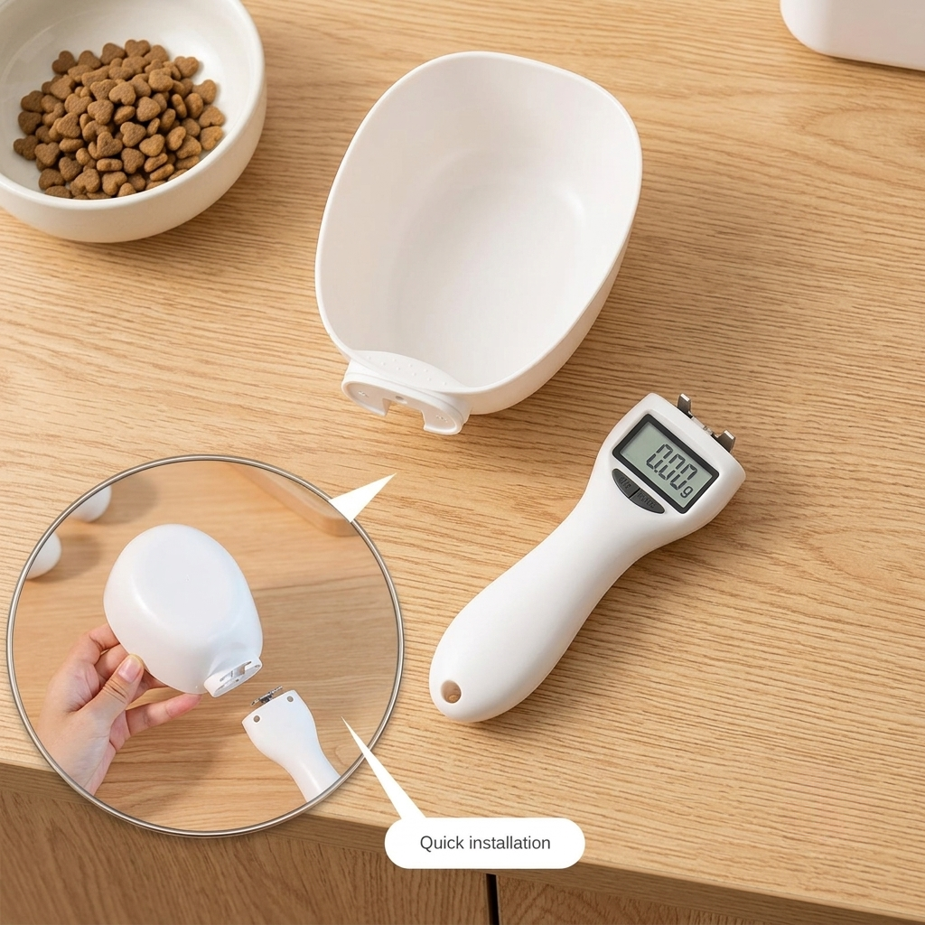 White pet food scoop and digital scale on a wooden surface with pet food in the background. | Pet Grooming | Pet Supplies and Food Australia | Pet Supplies Sydney | PetNexa Australia | Shop now