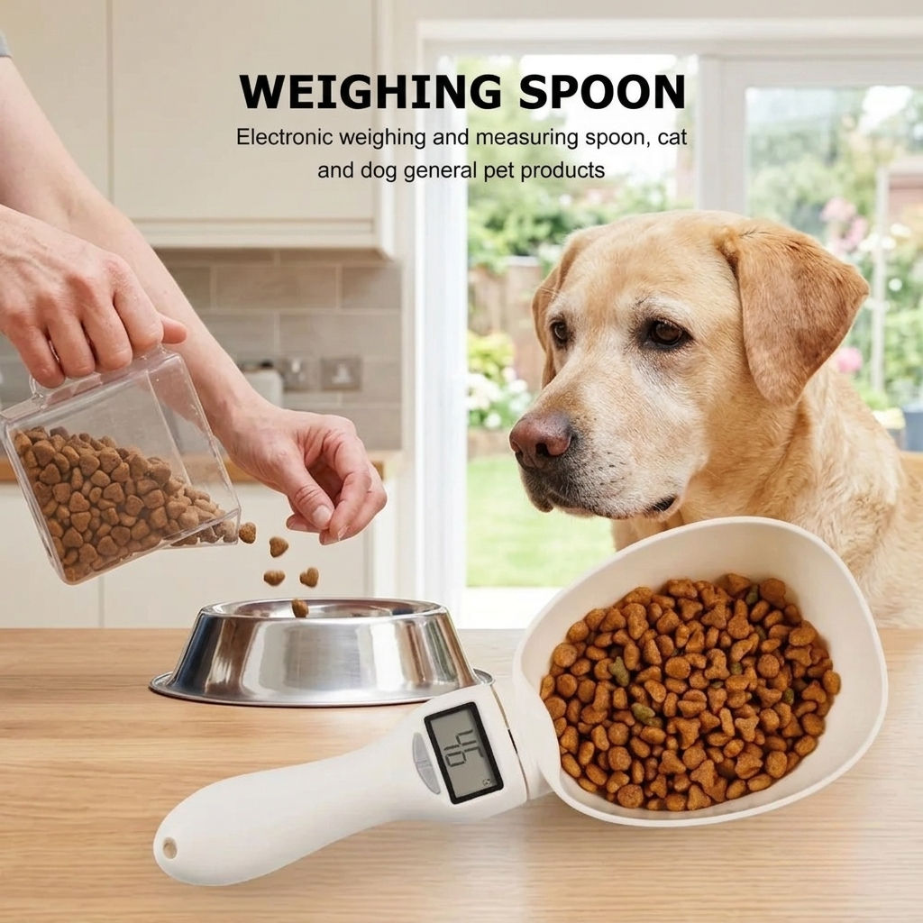 Digital pet feeding spoon with a dog eating from a bowl in a kitchen setting | Pet Grooming | Pet Supplies and Food Australia | Pet Supplies Sydney | PetNexa Australia | Shop now