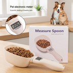 Pet electronic meter with digital display, measuring spoon filled with dog food, and packaging on a wooden surface. | Pet Grooming | Pet Supplies and Food Australia | Pet Supplies Sydney | PetNexa Australia | Shop now