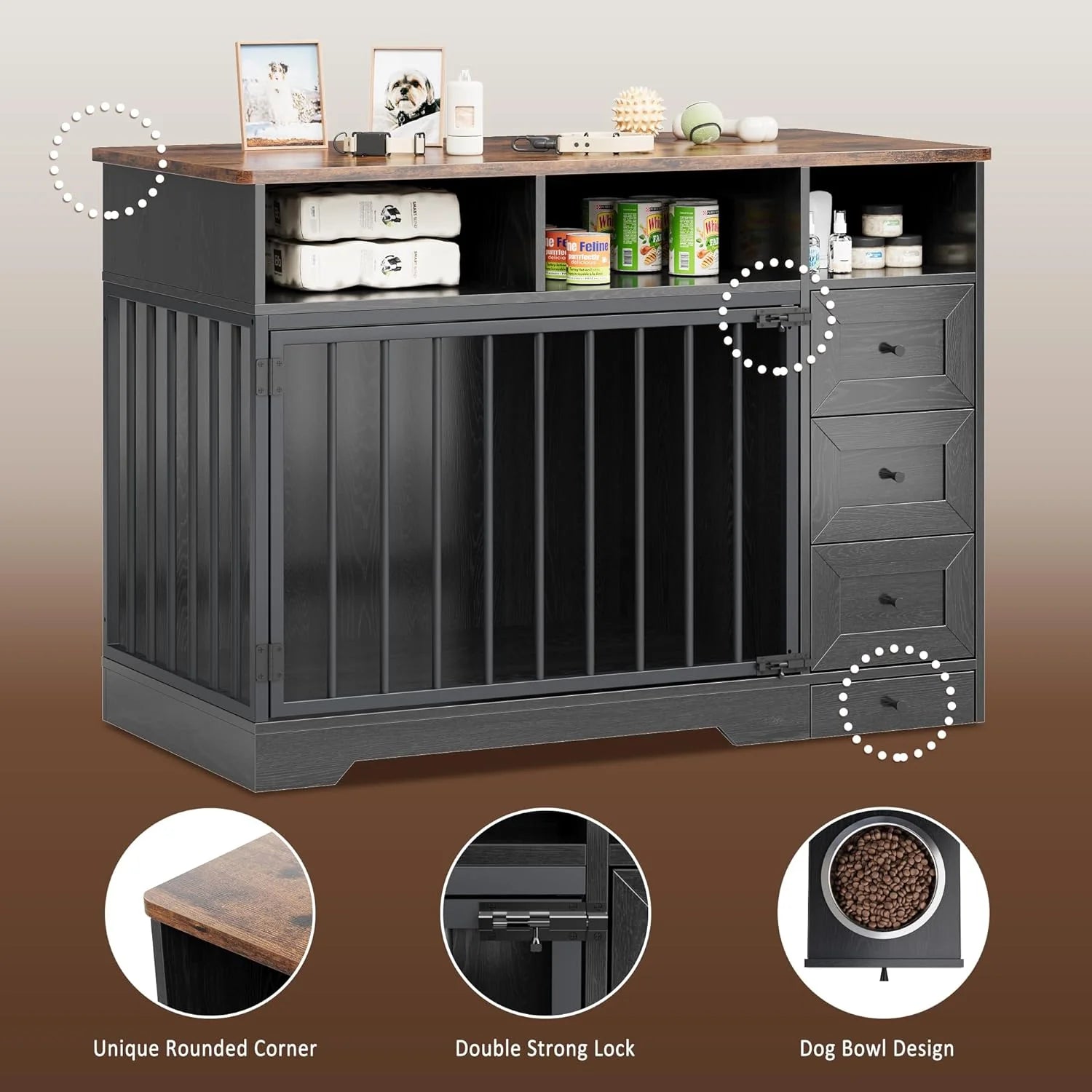Luxury wooden dog crate credenza in black with built-in storage drawers, pet food shelves, a heavy-duty double strong lock door, and a hidden pull-out pet feeding bowl. | Pet Grooming | Pet Supplies and Food Australia | Pet Supplies Sydney | PetNexa Australia | Shop now