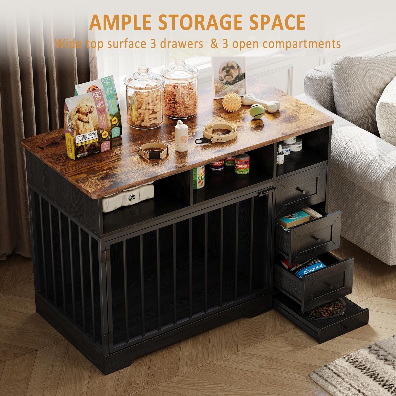 Luxury wooden dog crate credenza in black with built-in storage drawers, pet food shelves, a heavy-duty double strong lock door, and a hidden pull-out pet feeding bowl. | Pet Grooming | Pet Supplies and Food Australia | Pet Supplies Sydney | PetNexa Australia | Shop now